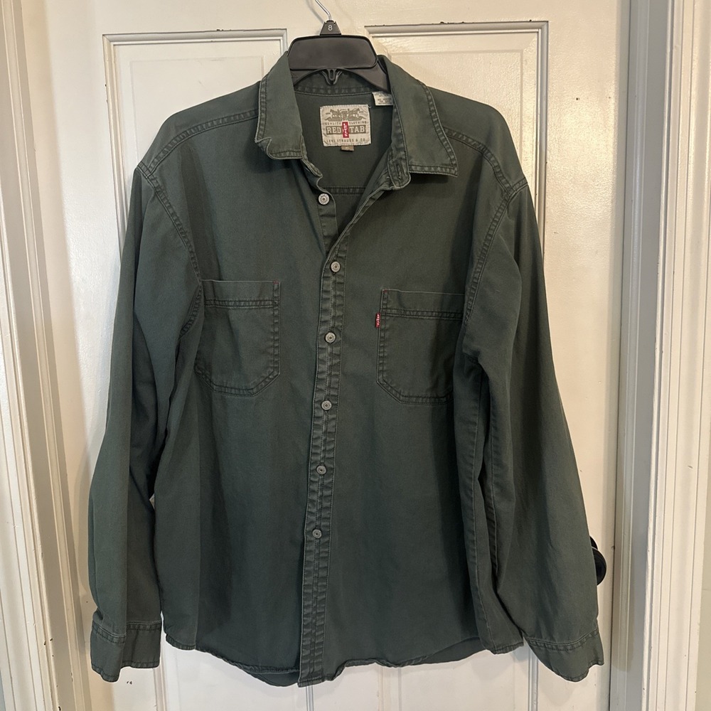 Levi's Vintage Twill Work Shirt Green Metal Shank Button Dual Pocket Men's XL